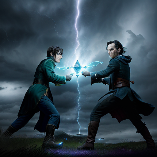 A high-tension image of Bilbo deftly swiping the glowing Arkenstone as Holmes and Moriarty engage in a fierce duel, sparks flying from their fast-moving bodies against a dark stormy sky.